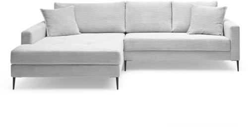 Liadomo Sofa Hilary Dove, modernes Ecksofa, Cordbezug in Hellgrau, Ottomane Links, Couch mit hohem Sitzkomfort, pflegeleicht & formstabil, Metallfüße, Sofa in L-Form Links, Made in Europe