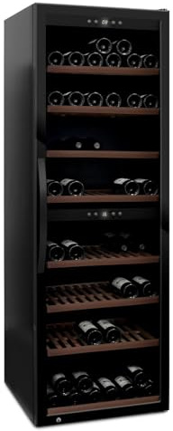 mQuvée Freistehender Weinkühlschrank - WineExpert 180 Fullglass Black, 2 Temperaturzonen, Kapazität 180 Flaschen, Buchenholzregale auf Schienen, UV-geschützte Glastür, zwei Zonen 5-20°C