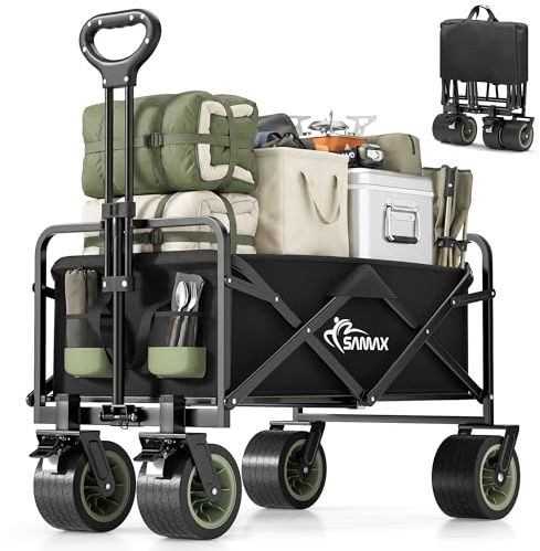 SAMAX Bollerwagen bis 200kg - 2in1 mit Bank - Faltbarer Handwagen Gartenwagen Strandwagen - Klappbar Offroad Transportwagen (Schwarz/Matcha Grün, Ohne Rückenlehne)