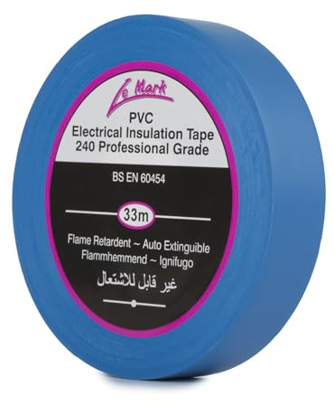 Le Mark Cinta aislante eléctrica de PVC azul, 33 m x 19 mm, ignífuga, cumple con RoHS y BS EN 60454-2, resistente al agua y a la abrasión, fácil de desenrollar y rasgar, grado profesional