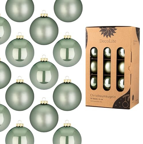 DecoLite: Weihnachtskugeln 6 cm Ø - 30er Set aus Glas inkl. Aufhänger | Hochwertige Christbaumkugeln für Weihnachtsbaum | Stilvolle Weihnachtsdeko in Kartonbox | Kugeln - Salbei - matt/glänzend