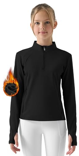 Willit Girls Fleece Long Sleeve Shirts Winter Horse Riding Jacket Half Zip Kids Sweatshirts Thermal Coat Black X-Large
