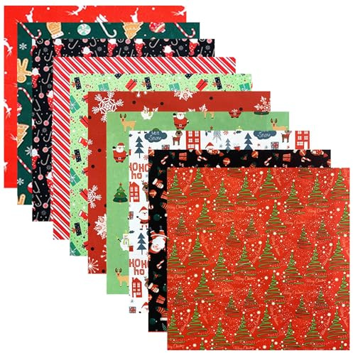 LetCart 50 Stück Weihnachtsstoff Patchwork-Set, 25 × 25 cm Polyester-Stoffquadrate mit Schneeflocken, Weihnachtsmann und Rentier, Rote Weihnachtsstoffe zum Nähen, Quilten und DIY-Basteln