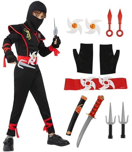 Kitimi Costume de ninja pour enfants garçons noir rouge ensemble de ninja costume avec fléchettes gants poignards épée courte ninja Cosplay ensemble pour Halloween fête de Kung Fu Carnaval Noël partie