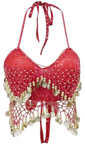 Damen Bauchtanz Crop Top Pailletten-top Quasten Oberteil BH Frauen Paillett Neckholder Weste Bustier Kostüm Tanzaufführung BH für Bauchtanz, Latin Dance, Party Club