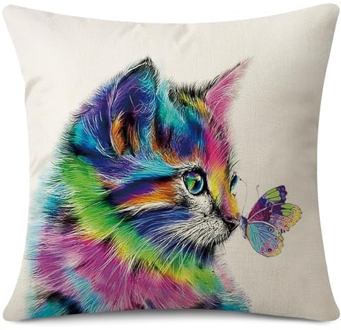 JOTOM Kissenbezug mit bunten Katzen, 45 x 45 cm, Katzendekorationen, Geschenk für Katzenliebhaber, quadratischer Kissenbezug für Zuhause, Couch, Sofa, Schlafzimmer, Dekor (Katze, bunt)