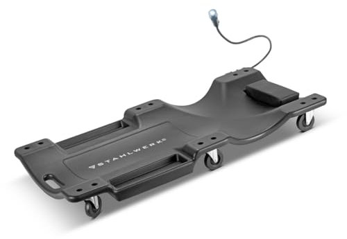 STAHLWERK Carrello per auto RCL-40 ST con luce LED integrata, portata 500 kg e 6 ruote mobili, tavola di montaggio, lettino da lavoro, sedia da officina in plastica robusta