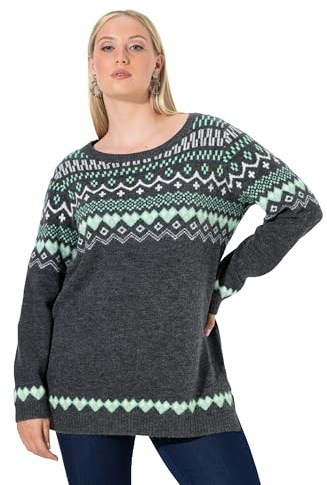 Ulla Popken Femme Grandes Tailles Pull norvégien à col Rond et Manches Longues, Maille Douce et Confortable chiné Gris foncé 50+ 834122118-50+