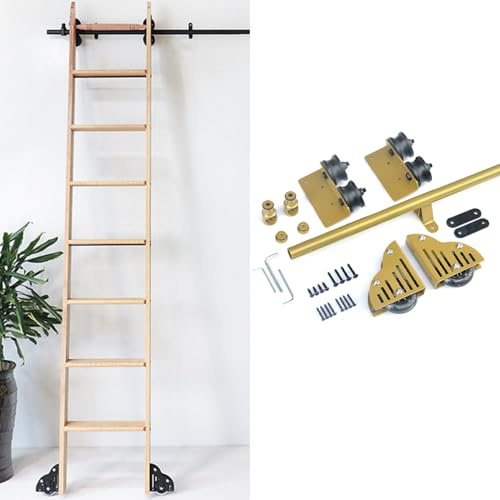 MarxaN 3,3-24 Fuß Bibliotheks-Schiebeleiter-Hardware-Kit, Rollleiter-Hardware, goldene, runde Stahlrohr-Mobilleiterschienen mit Bodenrollenrädern - ohne Leiter(300cm Gleisbausatz)
