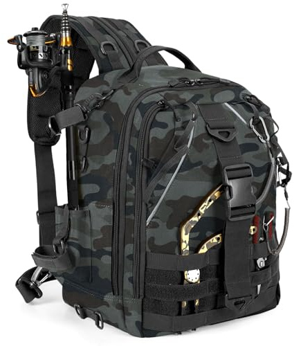 Jueachy Sac de Pêche, Sac à Dos avec Porte-cannes, Etui de Rangement de Stockage de Matériel de Pêche de Pince Leurre Tactique Grande Capacité Pochette Peche pour Randonnée Voyage Chasse Peche