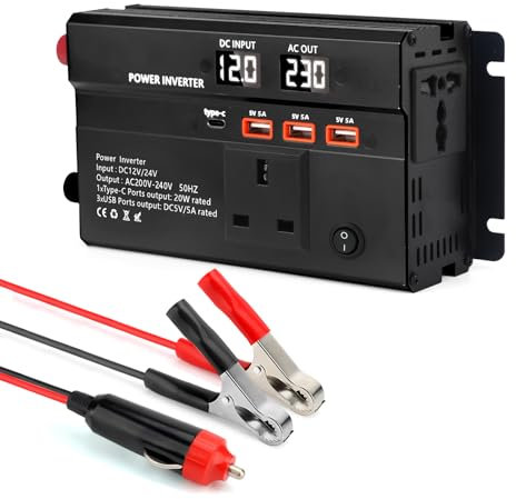 WODHMIEY 600W Car Power Inverter 12V/24V to 230V Vehicle Voltage Converter with 2 Sockets, 3 USB, 1 Type-C, Dual LED Display, Ideal for Camping, Travel, Motorhomes, Lorries & Emergency Power Supply