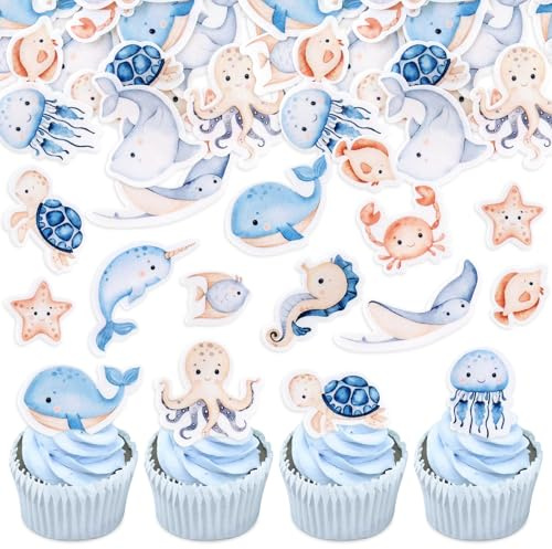 Blumomon 48pcs Edible Ocean Animal Cupcake Toppers Under the Sea Octopus Seahorse Sea Turtle Cake Decorations for Under the Sea Theme Baby Shower Birthday Party Supplies