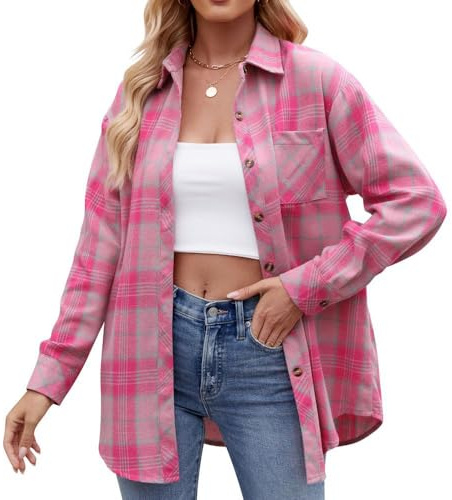 FUNSEED Chemise boutonnée en flanelle à carreaux pour femme - Mode ample à manches longues et col - Chemisier d'affaires
