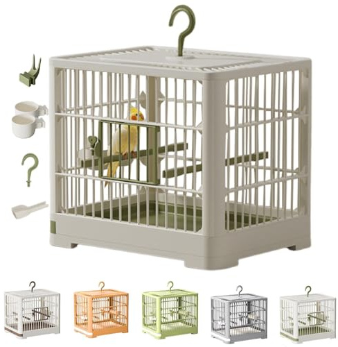 Cage de transport pour petits oiseaux portable et légère avec mât pour perroquets, perruches, calopsittes, inséparables, plateau amovible et poignée à crochet (blanc avec vert)
