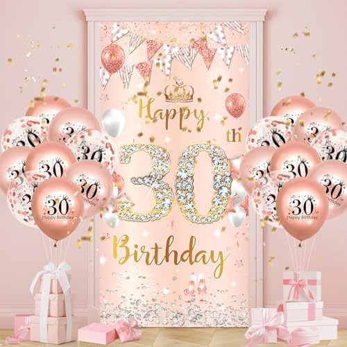 30.Geburtstagsdeko Frauen, Roségold Banner mit Luftballons,30.Geburtstag Dekoration für 30 Jahre Frauen 30th Happy Birthday Geburtstags Hintergrund Türbanner 30. Ballon Jubiläum Geburtstag Party Deko