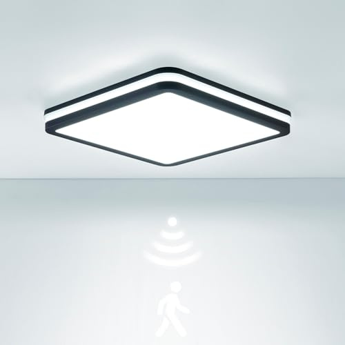 LEZOE LED Deckenleuchte mit Bewegungsmelder IP65 Wasserdicht, 18W 2700lm 150(Lm/W) Sensor Deckenlampe 3000K/4000K/6500K Ideal für Bad, Feuchtraum, Garage, Treppen, Keller, Flur, Balkon, Diele 22x22cm