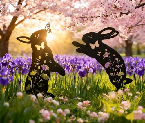 Lot de 2 décorations de jardin en forme de lapin en métal, décoration de printemps et de Pâques, piquets de jardin en forme de silhouette de lapin, piquets de pelouse pour parterres de fleurs