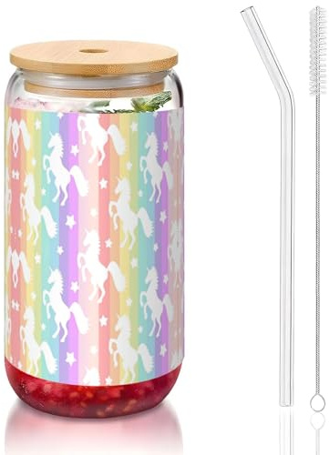 OKFSTY Unicorns On Colorful Stripes Printing 16oz Drinking Glasses Set for Coffee Accessories Iced Beer Cups,Glass Cup Reusable for Gifts