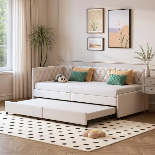 Polsterbett Schlafsofa Mit Gästebett 90/180x200 Cm,Ausziehbar, Für 2 Personen, Tagesbett, Ausziehbett Gleiche Höhe, Schlafsofa Mit Lattenrosten Und Rückenlehne, Mehrzweckbett, Samt(Beige C)
