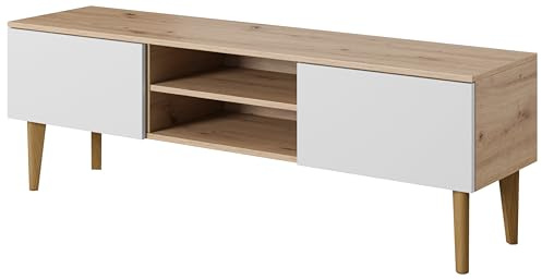 PAWS MEBLE Bergen RTV 150 2D Eiche Artisan/Weiße Front – Skandinavisches TV-Lowboard 150 cm – Push-to-Open – Holzfüße – 2 Klapptüren + Mittelregal