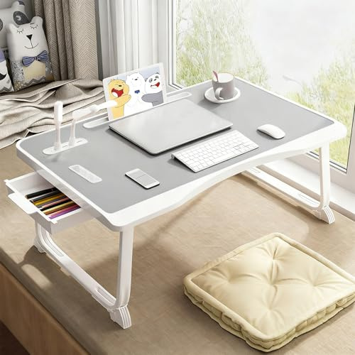 Laptop skrivbord USB-sängbord, vikbar bricka med USB-laddningsport, handtag, skrivbordskort/uppplats, sidolåda, bärbart laptopstativ för att äta läsning arbete camping