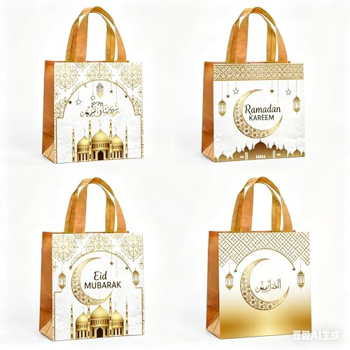 12 Stück Eid Mubarak Geschenktüten, Ramadan Mubarak Party Taschen mit Griffen, Non-Woven Eid Taschen für Eid-Adha Geschenke Verpackung, Islamische muslimische Partyzubehör