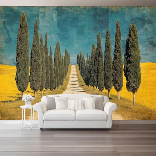 Mediterranean Style 3D Photo Murals Yellow Cypress Trees Path 250 X 175 Cm Non-Woven Wallpaper Wall Art Photo Wallpaper Wall Mural Home Bedroom Living Room Poster Decoration