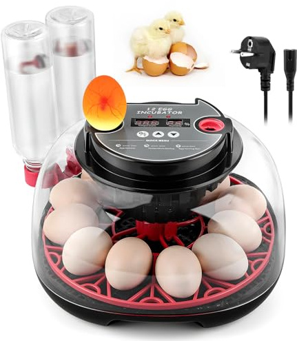 Incubadora totalmente automática, incubadora para 12 huevos, temperatura y humedad reguladas automáticamente, incubadora con función automática de giro de huevos para pollos, patos y codornices