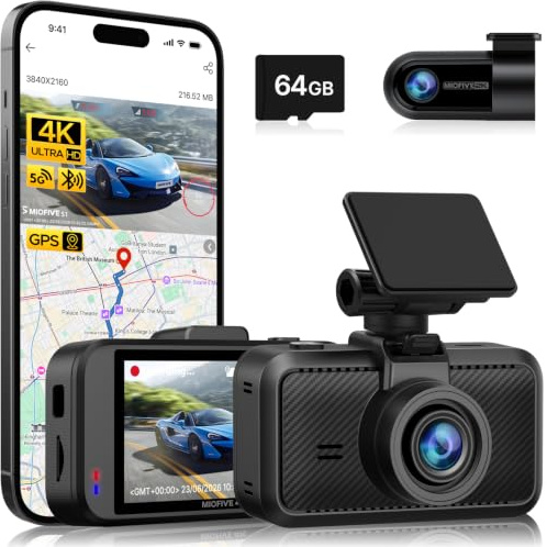 Miofive S1 Pro Dual Dash Cam Front 4K Rear 2K with UK Speed Camera Alerts | Pre-installed 64GB storage, 5GHz Wi-Fi, built-in GPS, Bluetooth, 3 IPS screen, Gatso & average speed check alerts, HDR
