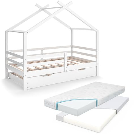VitaliSpa Letto montessori bambini Luni, Bianco, 160 x 80 cm Con letto ospite estraibile e materassi, come una piccola casa per un'atmosfera calda