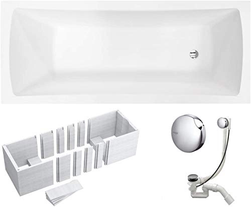 VBChome Badewanne 170x70 cm Acryl SET Wannenträger Siphon Wanne Rechteck Weiß Design Modern Styroporträger Ablaufgarnitur in Chrom Viega Simplex (170x70 cm)
