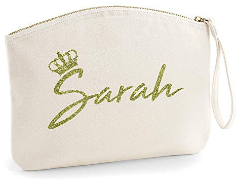 Personalisiert Name Initialen Kosmetiktasche Damen Schminktasche Handtasche Zubehör Taschen - Natürlich - S (19 x 17 cm) - Gold Glitzer Königinnen Krone