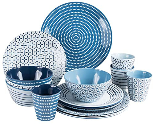 Service de Table en mélamine pour 4 Personnes - Service de Table - 16 pièces - Vaisselle de Camping - Vaisselle en mélamine Moderne - Bleu et Blanc