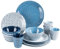 Camping Geschirr Set 4 Personen, Blau-Weiss, Melamin Geschirr Set, Camping-Geschirr, Wohnmobil Geschirr, Becher Kombiservice 16 tlg modernes Picknickgeschirr