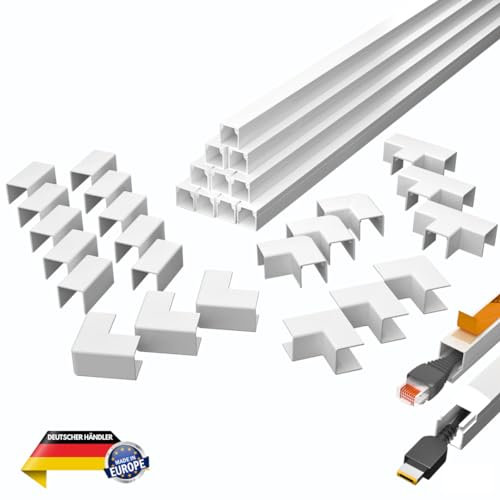 QCAB 10m (1,2 x 1,2 cm) Selbstklebendes Kabelkanal Set in Weiß, 22-teiliges Zubehör inklusive - Kein Bohren, Flache Design Kabelleiste für Stromkabel, Innen- und Außenbereich geeignet