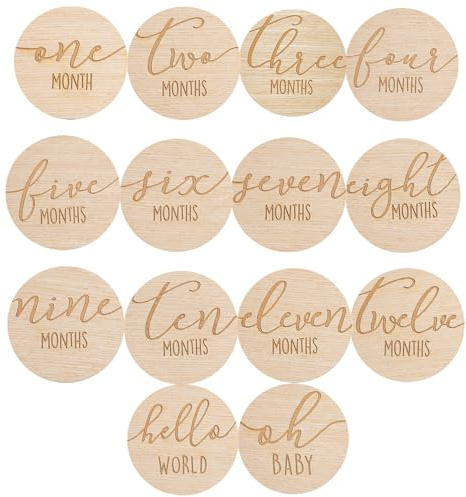 Pearhead Wooden Monthly Milestone Photo Cards, Baby Announcement Cards, Pregnancy Journey Milestone Markers, 7 Double Sided Photo Prop Milestone Discs, Light Wood