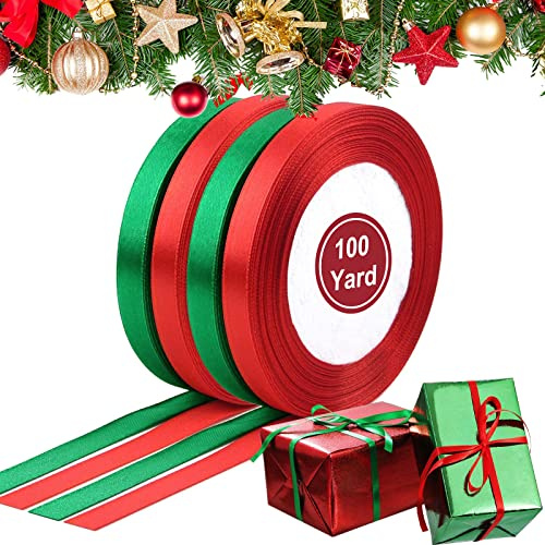 Cinta de satén, 4 rollos, cinta de regalo de Navidad, cinta de grogrén, 10 mm, 100 yardas, cintas de Navidad para envolver regalos, manualidades, lazos, coronas, árbol de Navidad, pasteles, tarjetas