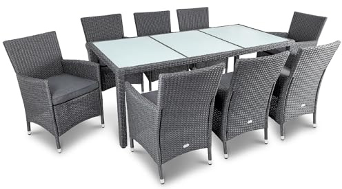 di volio Polyrattan Sitzgruppe Verona - Lounge Gartenmöbel-Set für Garten oder Terrasse, Tisch mit Glasplatte + 8 Stühle - Lounge-Set in Rattan-Optik grau