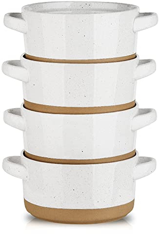 HVH Soup Bowls With Handles Microwave Safe, Ceramic Soup Bowl Set of 4, 24 Oz Big Soup Bowl for Soup, Cereal, Chill, Beef Stew, French Onion Soup Bowls Farmhouse Style (White)