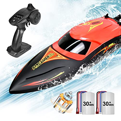 Hosim Brushless ferngesteuertes Boot 48+ KM/H, High Speed RC Schiff mit LED Beleuchtung, Rennboot mit 2X 3S Batterien Spielzeug Geschenk für Kinder und Erwachsene (Rot)