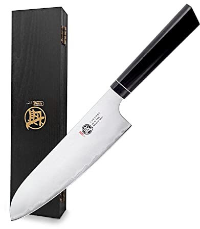 MITSUMOTO SAKARI Santoku Coltello Giapponese da 17cm, Coltello Cucina Giapponese Forgiato a Mano, Coltelli da Cucina Professionali (manico in G10 e Scatola di legno Boutique)