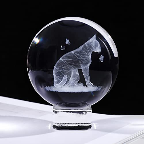 Kristall-3D-Kugel, 6 cm, graviert, Katze mit Schmetterlingen, Geschenke für Katzenliebhaber, Frauen und Männer, Glas, schöne Tierfiguren mit Sockel, Andenken für Freunde, Geburtstag