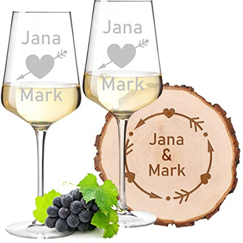 Lot de 3 verres à vin Leonardo - Lot de 2 verres à vin blancs - 560 ml + 1 disque d'arbre - Personnalisés avec gravure au choix - Motif flèches en forme de cœur - Cadeau de mariage - Couple marié