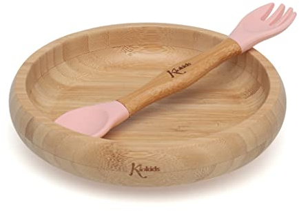 Kiokids Set Vajilla Silicona Y Bambú Rosa Con Cuchara/tenedor