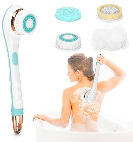 Jalann Electric Body Brush, Rechargeable Electric Body Scrubber with Long Handle, Facial Body Exfoliating Brush Kit with 4 Brush Heads for Cleansing, Massage, Care Your Skin in The Shower, Green