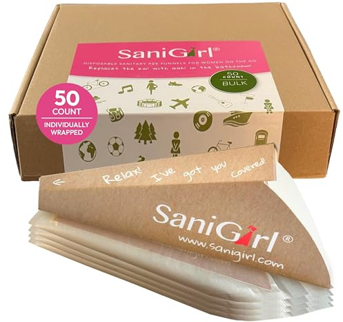 SaniGirl Entonnoir urinoir pour femme – Entonnoir jetable pour femmes pour les voyages et le camping, appareil urinaire féminin pour l'extérieur et les voyages (50 pièces, emballé individuellement)