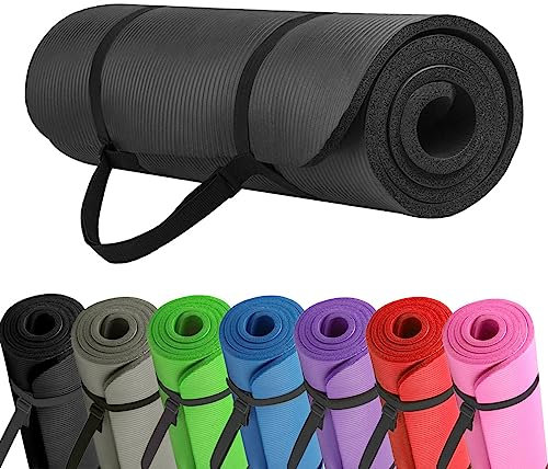 NBR Yogamatte mit Tragegurt 1,5cm dicker Schaumstoff Gymnastikmatte Sportmatte Bodenmatte für Homeworkouts Yoga Pilates HIT (Schwarz)
