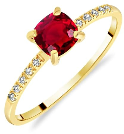 Planetys Bague Solitaire pour Femme en Or Jaune 375/1000 sertie Rubis naturel taille Coussin sertie 10 Diamants