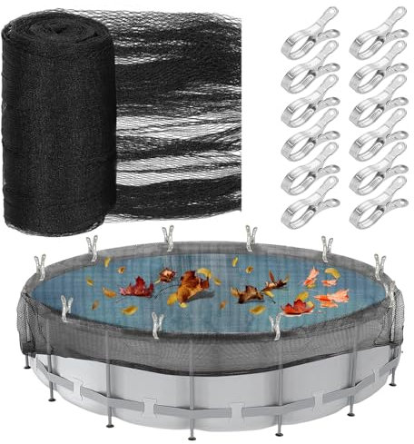 19.7 Feet Pool Leaf Net Cover Above Ground Winter Pool Cover with 12 Pcs Large Pool Cover Clips, Keeps Leaves Out of Your Pool, Fits 18FT Above Ground Pools