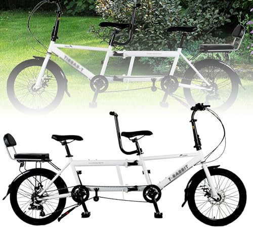 Tandemcykel, City Tandem-cyklar, 20-tums hopfällbar Beach Cruiser-cykel, Tresitsig, 7-växlad justerbar, Storlek 210x35x110cm/110x35x62cm, Maxbelastning 200kg white